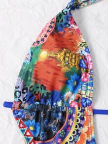 Geo & Animal Print Plunging One Piece Swimsuit, For Summer Beach Vacation - Multicolor - View 3