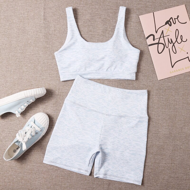 

Allover Print Sports Bra & Biker Shorts, Blue and white
