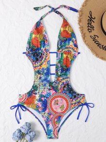 Geo & Animal Print Plunging One Piece Swimsuit, For Summer Beach Vacation - Multicolor - View 4