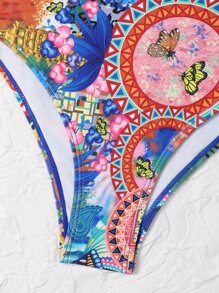 Geo & Animal Print Plunging One Piece Swimsuit, For Summer Beach Vacation - Multicolor - View 5