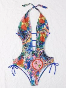 Geo & Animal Print Plunging One Piece Swimsuit, For Summer Beach Vacation - Multicolor - View 6
