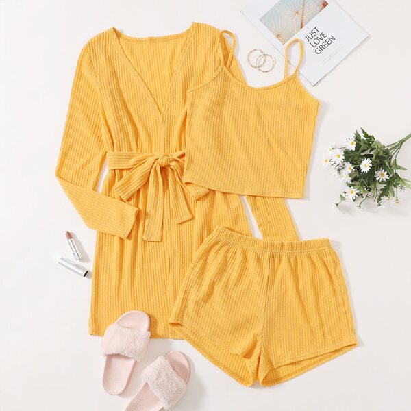 

3 Pack Rib-knit Belted Robe Set, Yellow