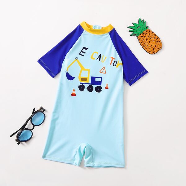 

Baby Boy Digger Print One Piece Swimsuit, Blue