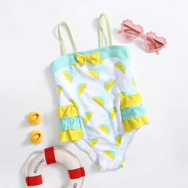 

Baby Girl Fruit Print Bow Front One Piece Swimsuit, Multicolor