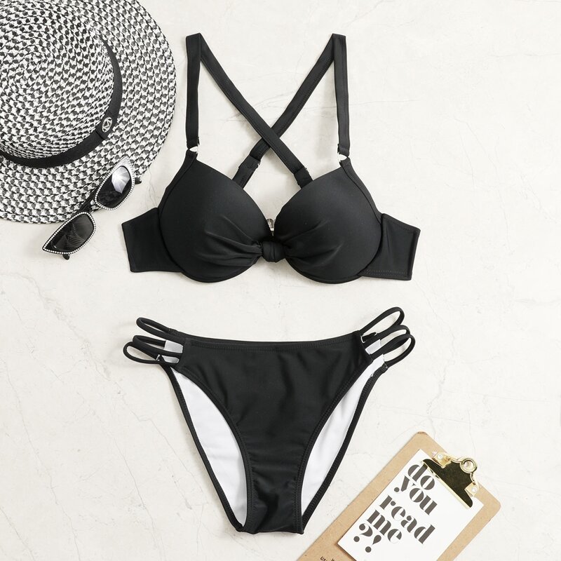 

Knot Decor Underwire Bikini Swimsuit, Black
