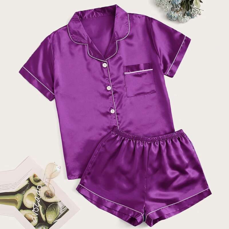 

Plus Contrast Binding Satin Pajama Set, Purple