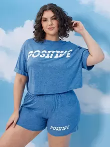 SHEIN Conjunto camiseta de manga doblada con shorts - Neblina azul - Ver 1