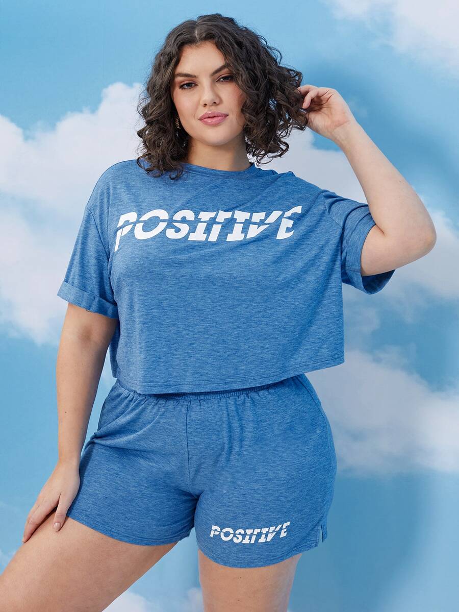 SHEIN Conjunto camiseta de manga doblada con shorts - Neblina azul - Ver 1