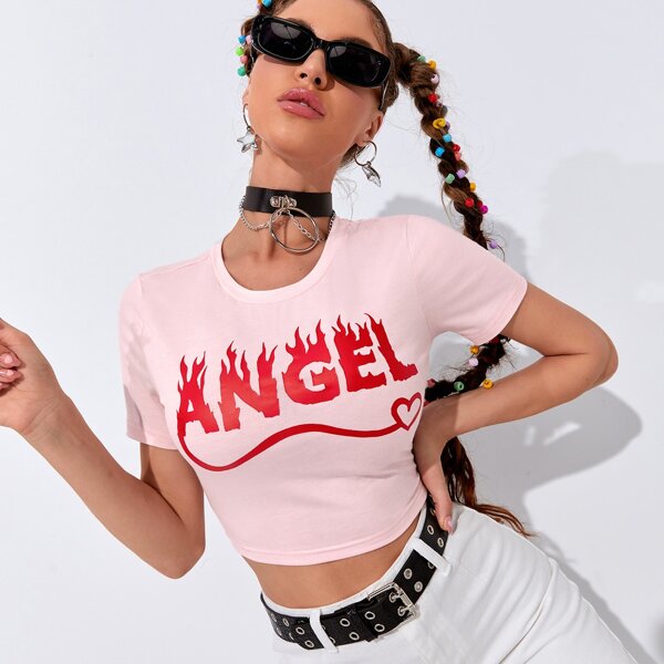 

Letter And Fire Print Crop Tee, Baby pink