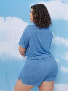 SHEIN Conjunto camiseta de manga doblada con shorts - Neblina azul - Ver 2