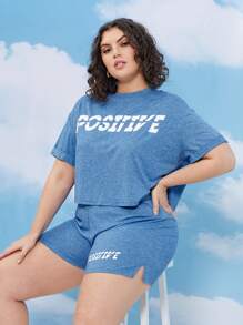 SHEIN Conjunto camiseta de manga doblada con shorts - Neblina azul - Ver 3