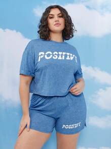 SHEIN Conjunto camiseta de manga doblada con shorts - Neblina azul - Ver 4