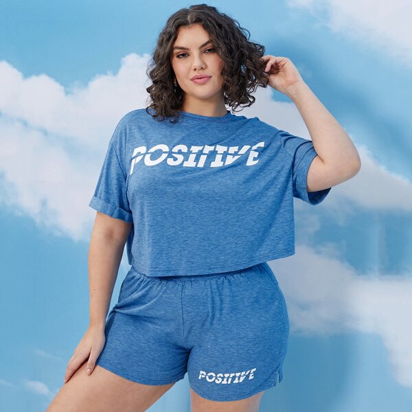 

Plus Cuffed Sleeve Tee & Track Shorts Set, Dusty blue