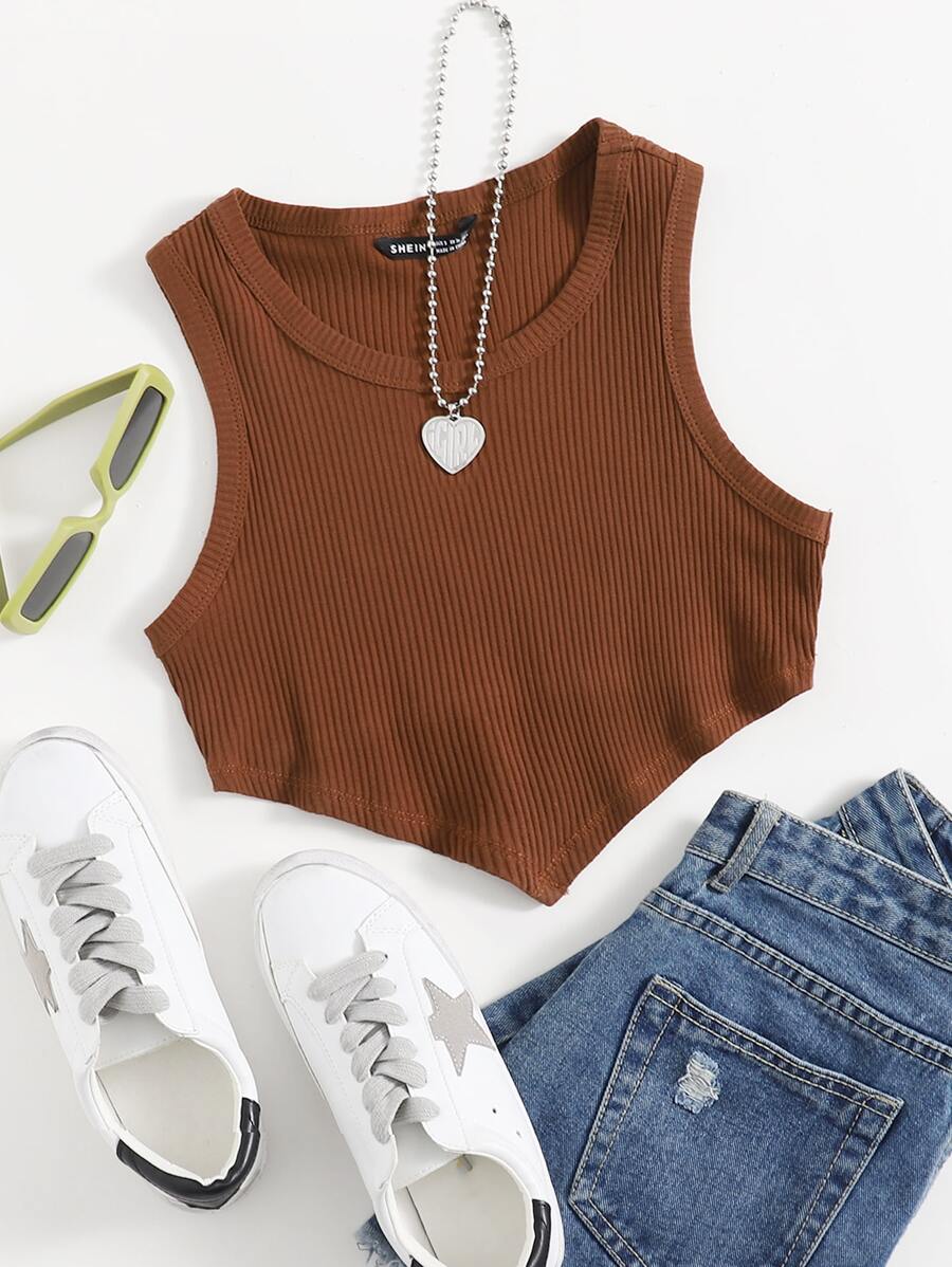 SHEIN EZwear Áo hai dây Bất đối xứng màu trơn Giải trí - Cà phê nâu - Xem 1