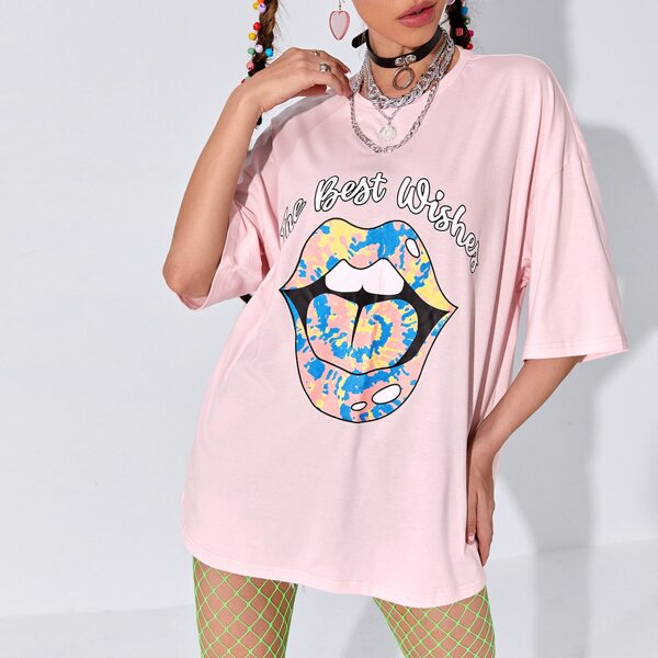 

Figure And Letter Graphic Oversized Tee, Baby pink