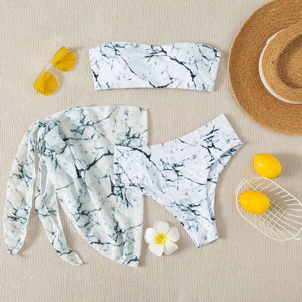 

3pack Marble Print Bikini Swimsuit & Beach Skirt, White