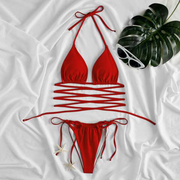 

Halter Tie Side Bikini Swimsuit, Red