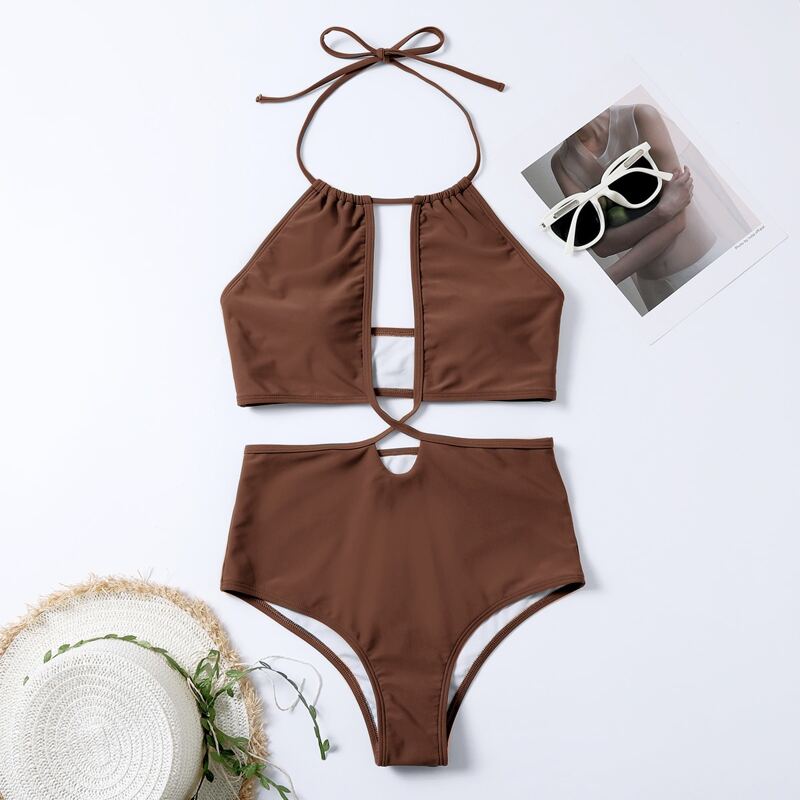 

Cut-out Halter One Piece Swimsuit, Coffee brown