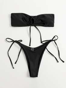 Solid Tie Bandeau High Cut Bikini Set, For Summer Beach Vacation - Black - View 1