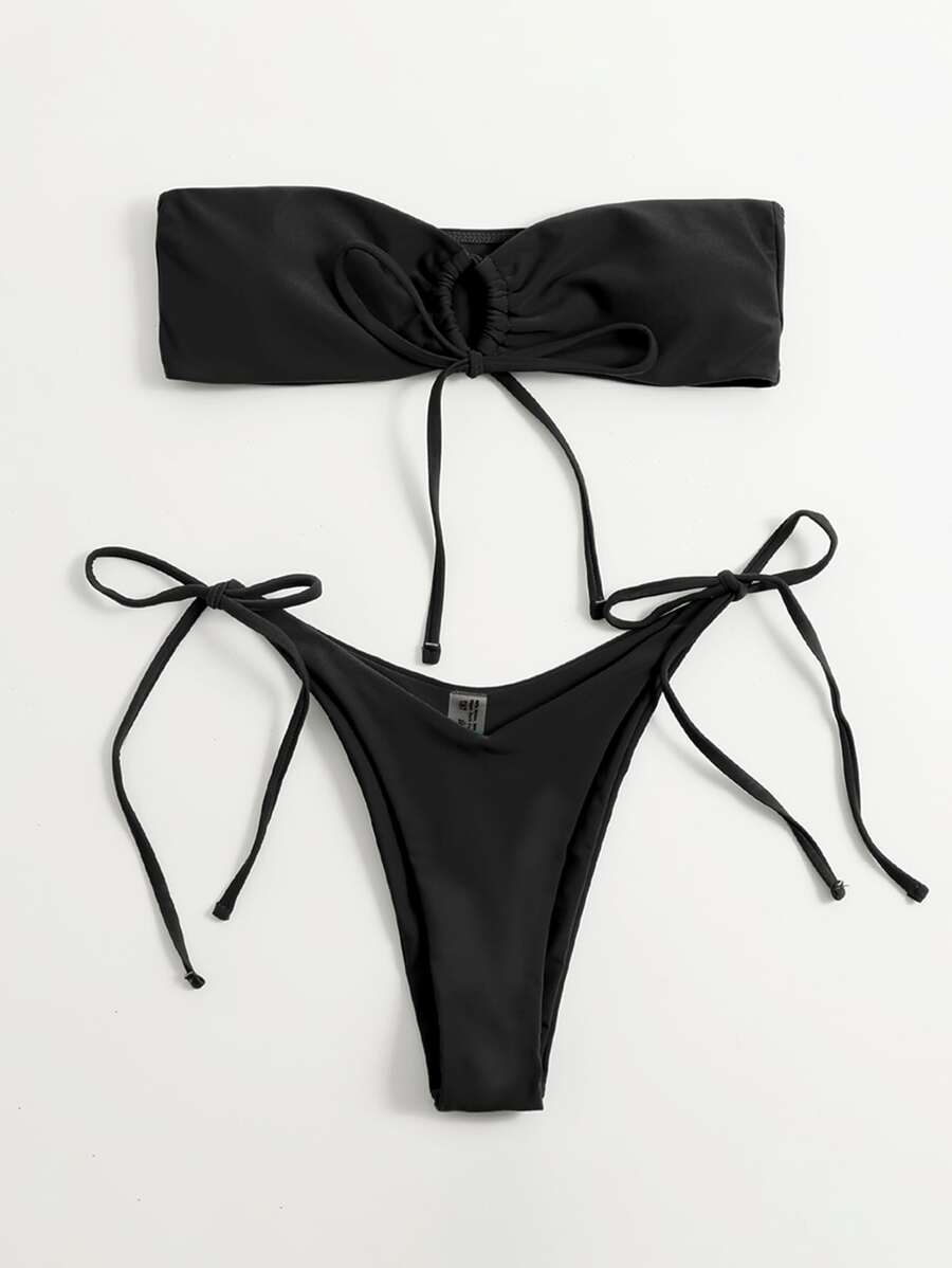 Solid Tie Bandeau High Cut Bikini Set, For Summer Beach Vacation - Black - View 1