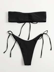 Solid Tie Bandeau High Cut Bikini Set, For Summer Beach Vacation - Black - View 2
