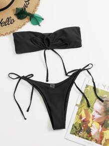 Solid Tie Bandeau High Cut Bikini Set, For Summer Beach Vacation - Black - View 3