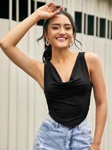 SHEIN Cowl Neck Halter Top - Black - View 1