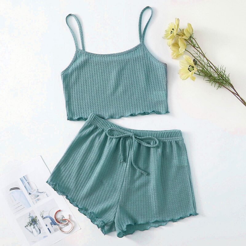 

Lettuce Trim Knot Front Cami Lounge Set, Cadet blue