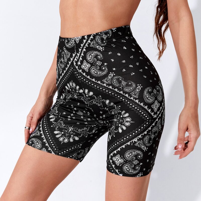 

Paisley Print Biker Shorts, Black