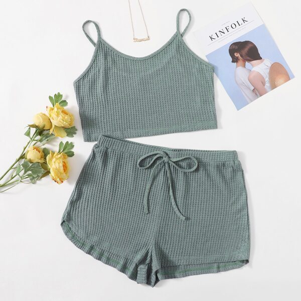 

Plus Waffle Knit Cami Top & Knot Front Shorts Set, Dark green