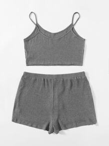 SHEIN 大碼華夫格針織吊帶上衣和結飾短褲套裝 - 深灰色 - 查看 2