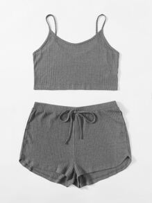 SHEIN 大碼華夫格針織吊帶上衣和結飾短褲套裝 - 深灰色 - 查看 3