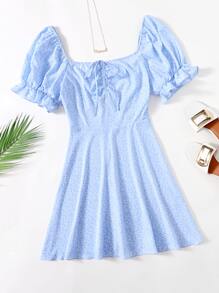 Dreamara Plus Puff Sleeve Drawstring Allover Print Milkmaid Dress - Baby Blue - View 1