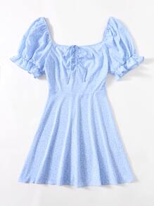 Dreamara Plus Puff Sleeve Drawstring Allover Print Milkmaid Dress - Baby Blue - View 4