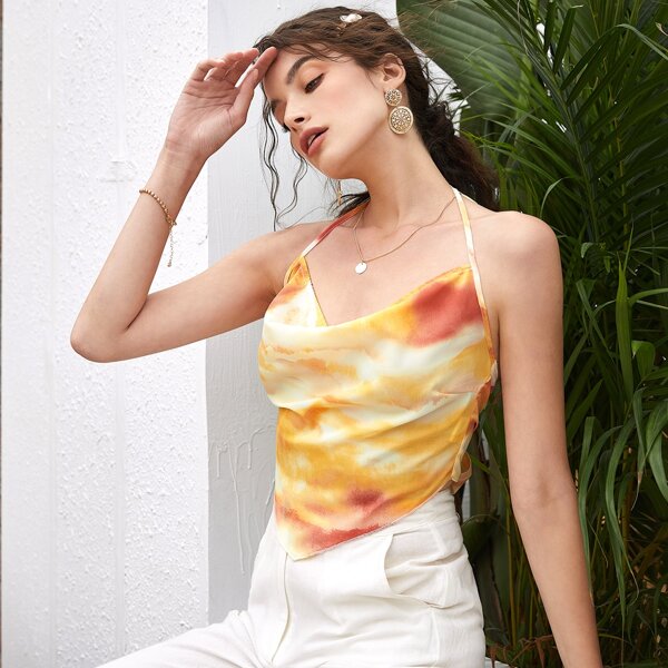 

Halterneck Knotted Backless Tie Dye Crop Top, Multicolor