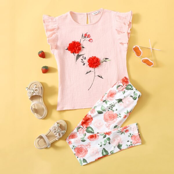 

Girls Floral Applique Detail Blouse & Leggings Set, Multicolor
