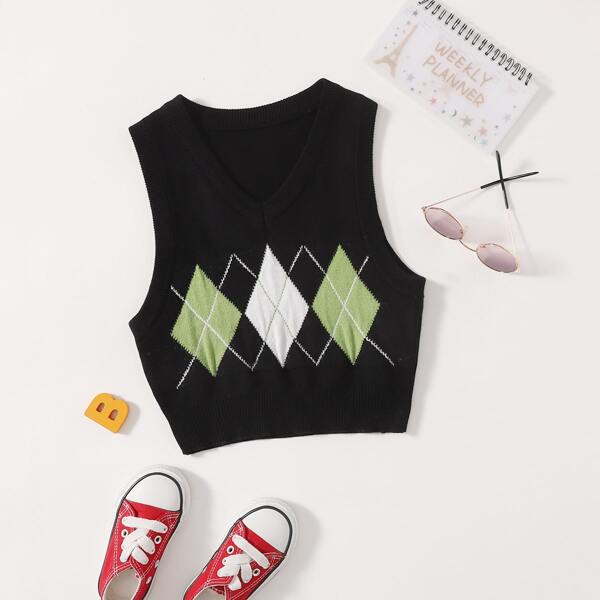 

Girls Argyle Pattern Sweater Vest, Black