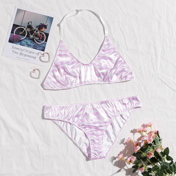 

Gingham Halter Lingerie Set, Lilac purple