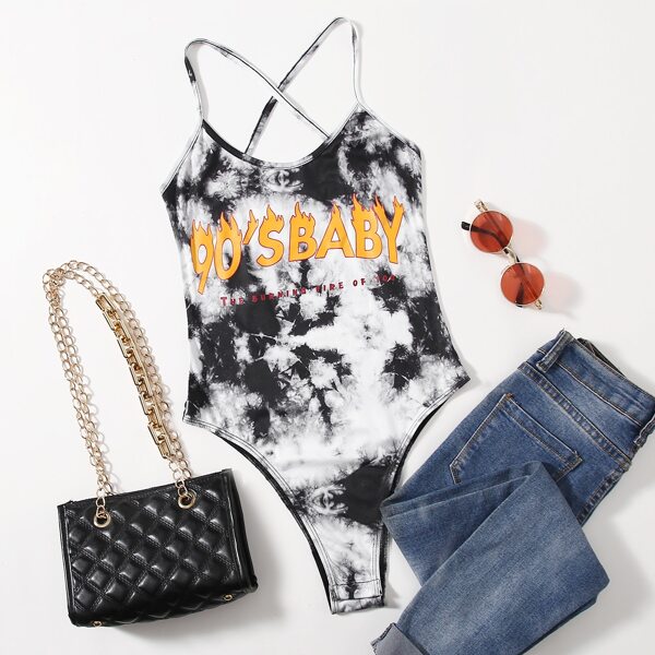 

Letter Graphic Tie Dye Cami Bodysuit, Multicolor