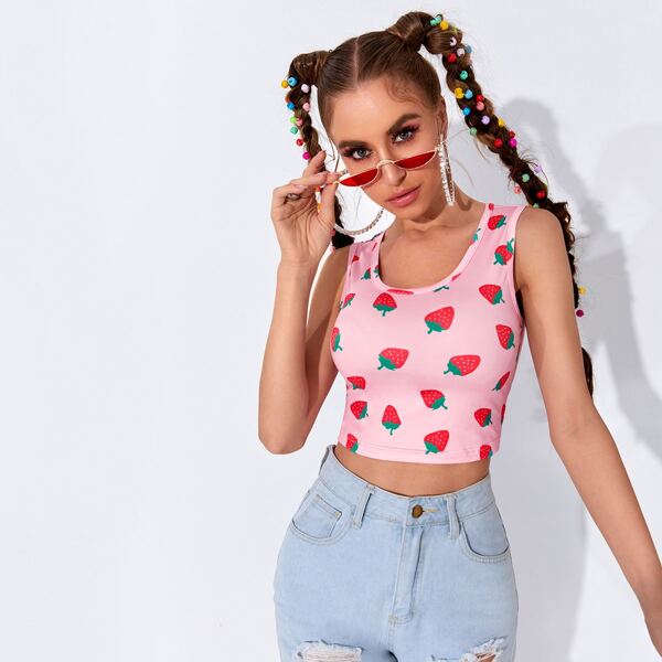 

Strawberry Print Scoop Neck Tank Top, Baby pink