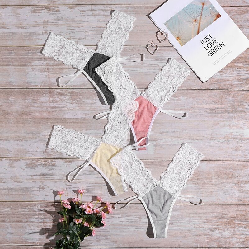 

4pack Contrast Lace Thong Set, Multicolor