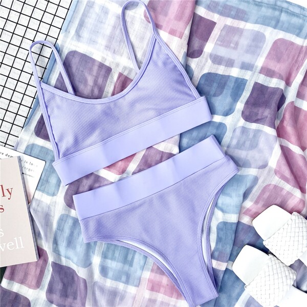 

Rib High Waisted Bikini Swimsuit, Lilac purple