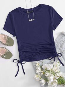 SHEIN EZwear Drawstring Side Solid Tee - Navy Blue - View 1