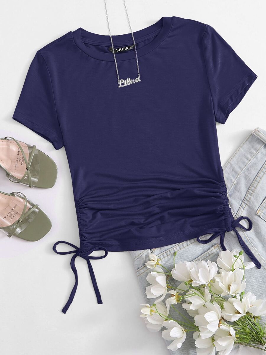 SHEIN EZwear Drawstring Side Solid Tee - Navy Blue - View 1