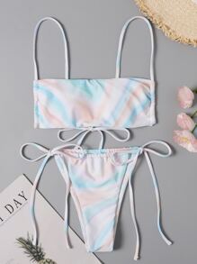 Summer Ombre Tie Side Thong Bikini Set - Multicolor - View 1