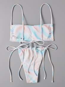 Summer Ombre Tie Side Thong Bikini Set - Multicolor - View 2
