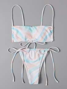 Summer Ombre Tie Side Thong Bikini Set - Multicolor - View 3