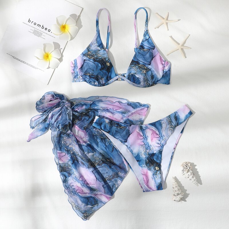 

3pack Marble Print Underwire Bikini Swimsuit & Beach Skirt, Multicolor
