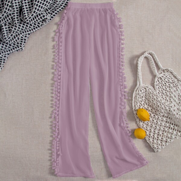 

Chiffon Pom-pom Trim Cover Up Pants, Lilac purple