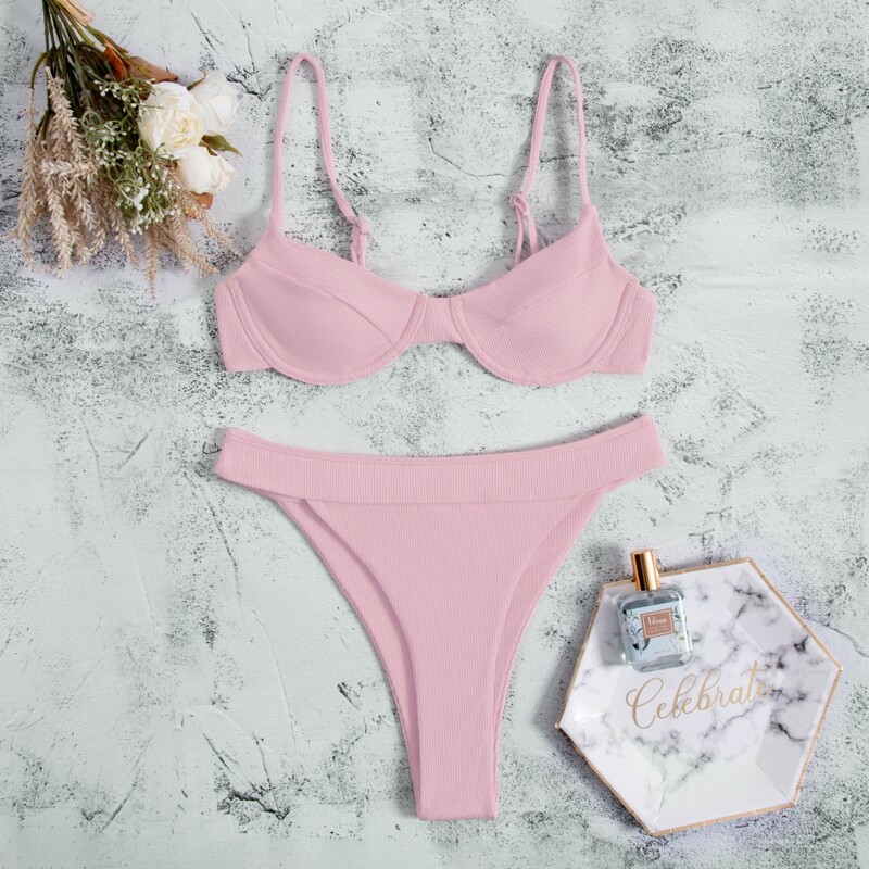 

Rib Underwire Bikini Swimsuit, Baby pink